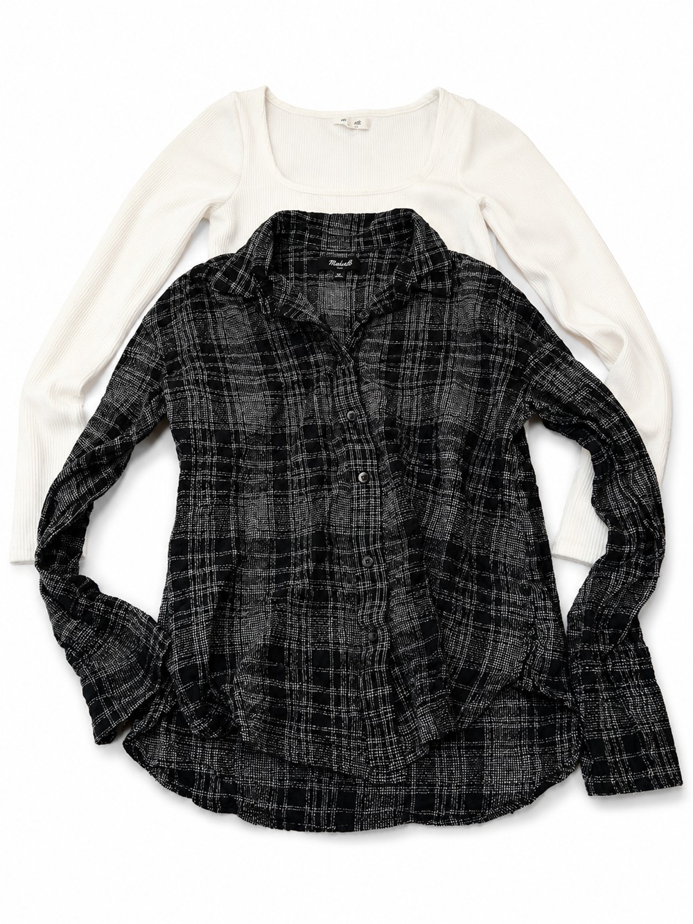 Madewell Women's Black & Gray Plaid Button-Down with White Tank XXS